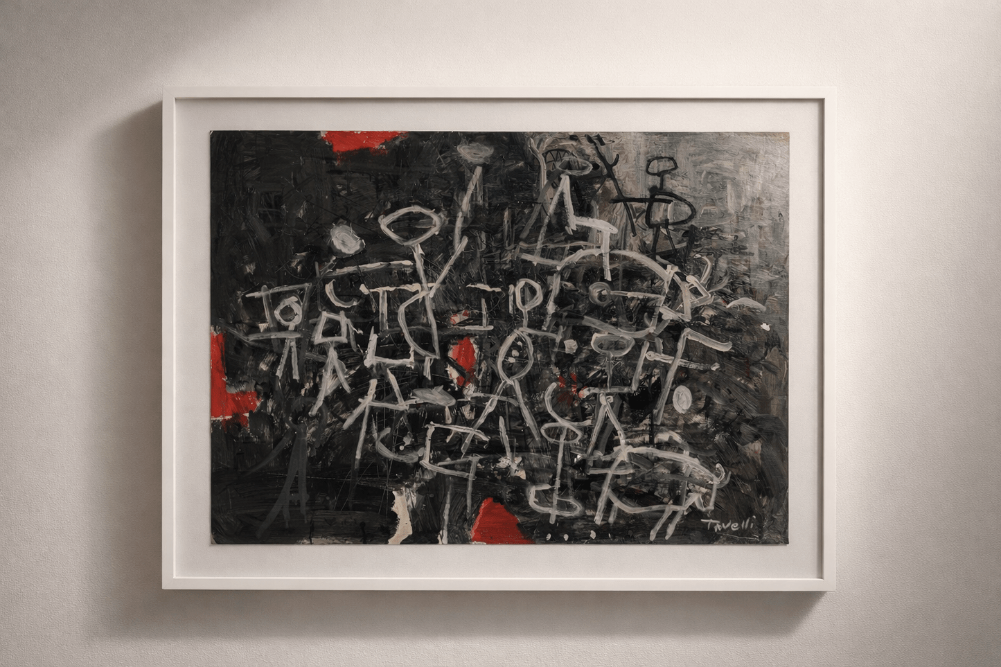 Original mixed media artwork on paper by Tavelli, professionally float mounted in a white frame. Measures 28 x 34 inches and ready to hang. - The Artful