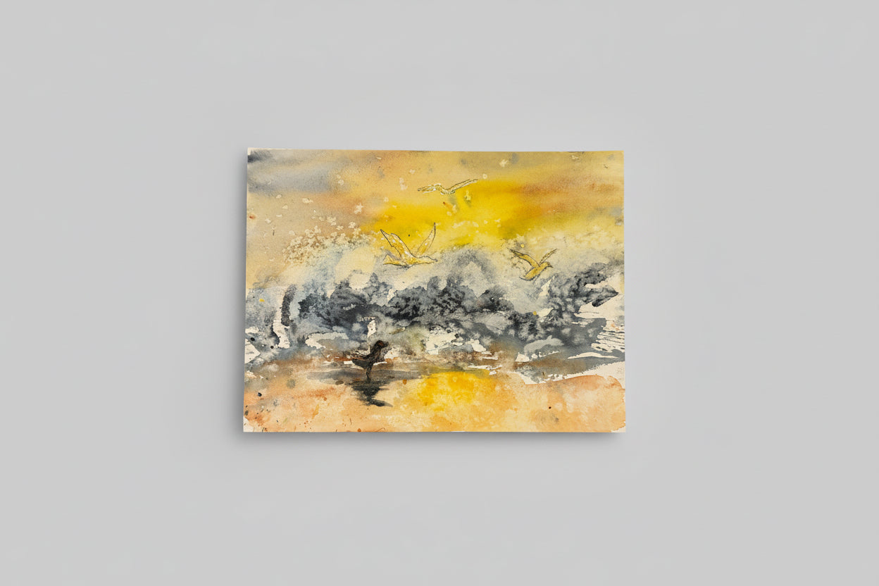 A mixed media artwork on paper titled 'Seagulls and Waves 2' displayed on a wall, featuring a serene beach scene with seagulls.