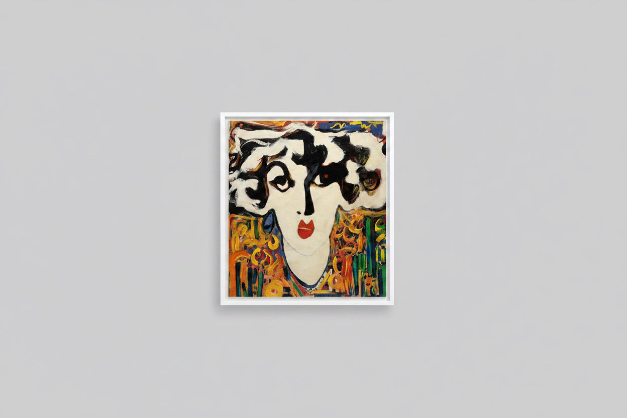 An abstract portrait painting of a woman's face with bold black, white, red, blue, green, and gold brushstrokes, displayed on a light gray wall.