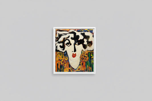 An abstract portrait painting of a woman's face with bold black, white, red, blue, green, and gold brushstrokes, displayed on a light gray wall.
