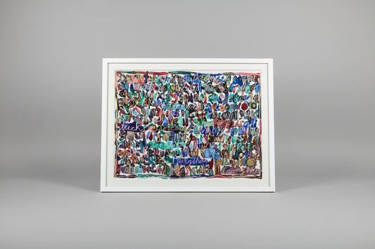 A mixed media artwork on paper titled 'So People Talk' by Jane Gilday, framed in a white custom frame, displayed on a wooden surface with a blurred background.