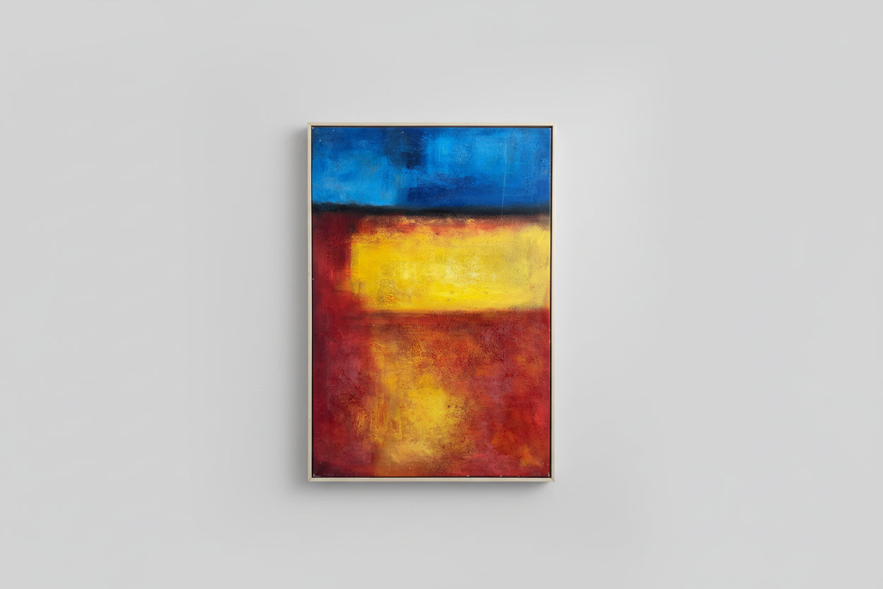 An abstract expressionist oil on canvas painting with custom wood framing, displayed on a wooden surface with a shadow cast across it.