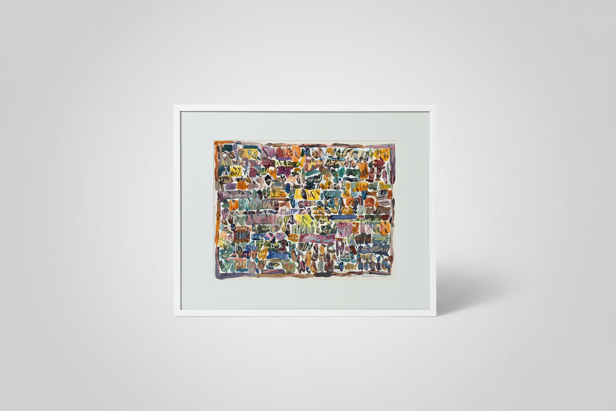 A framed abstract artwork titled 'Before Summer' by Jane Gilday, displayed on a wooden surface with a black frame.