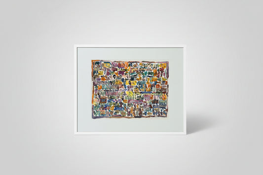 A framed abstract artwork titled 'Before Summer' by Jane Gilday, displayed on a wooden surface with a black frame.