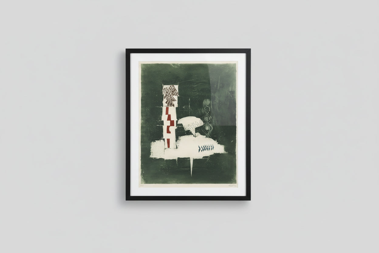 A framed and matted lithograph titled 'Balance of Power' hanging on a wall, with a window to the right.