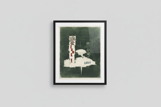 A framed and matted lithograph titled 'Balance of Power' hanging on a wall, with a window to the right.