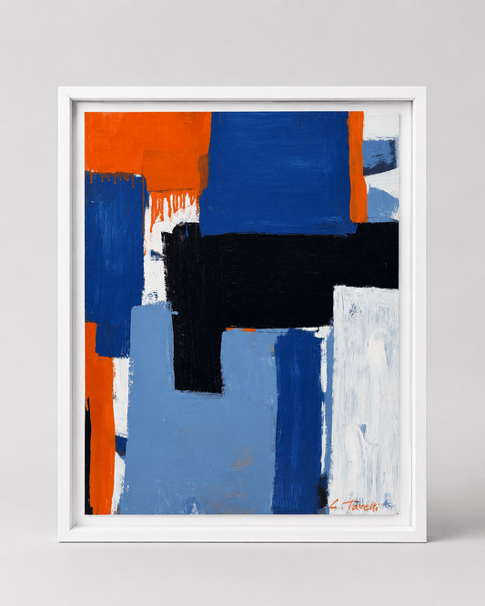 Original mixed media artwork on paper by Tavelli, professionally float mounted in a white frame. Art Number 2473 - The Artful