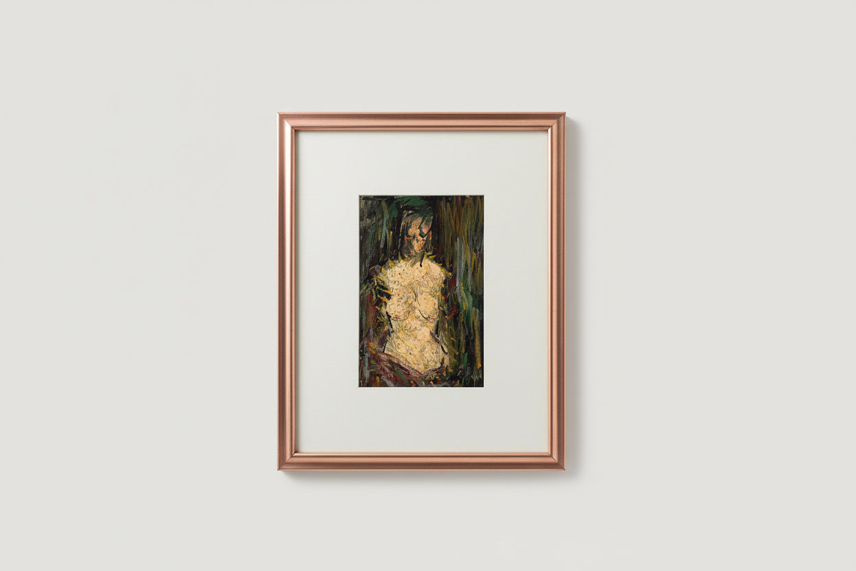 A framed abstract artwork featuring a multicolored geometric pattern, displayed on a shelf against a warm background.