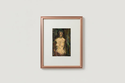 A framed abstract artwork featuring a multicolored geometric pattern, displayed on a shelf against a warm background.
