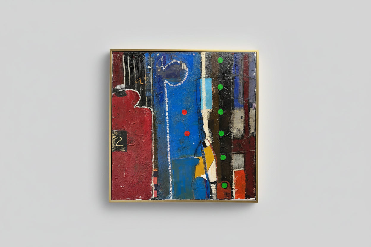 A canvas collage art piece with abstract encaustic design in various colors, with a custom frame.