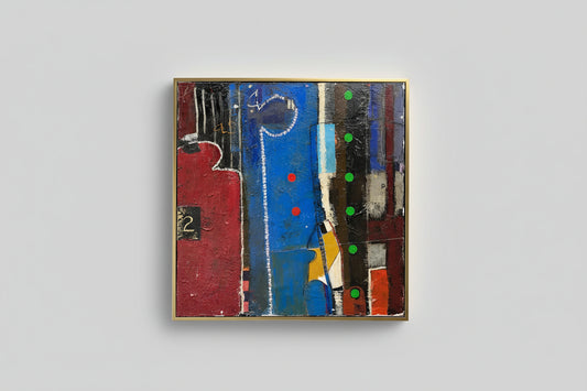 A canvas collage art piece with abstract encaustic design in various colors, with a custom frame.