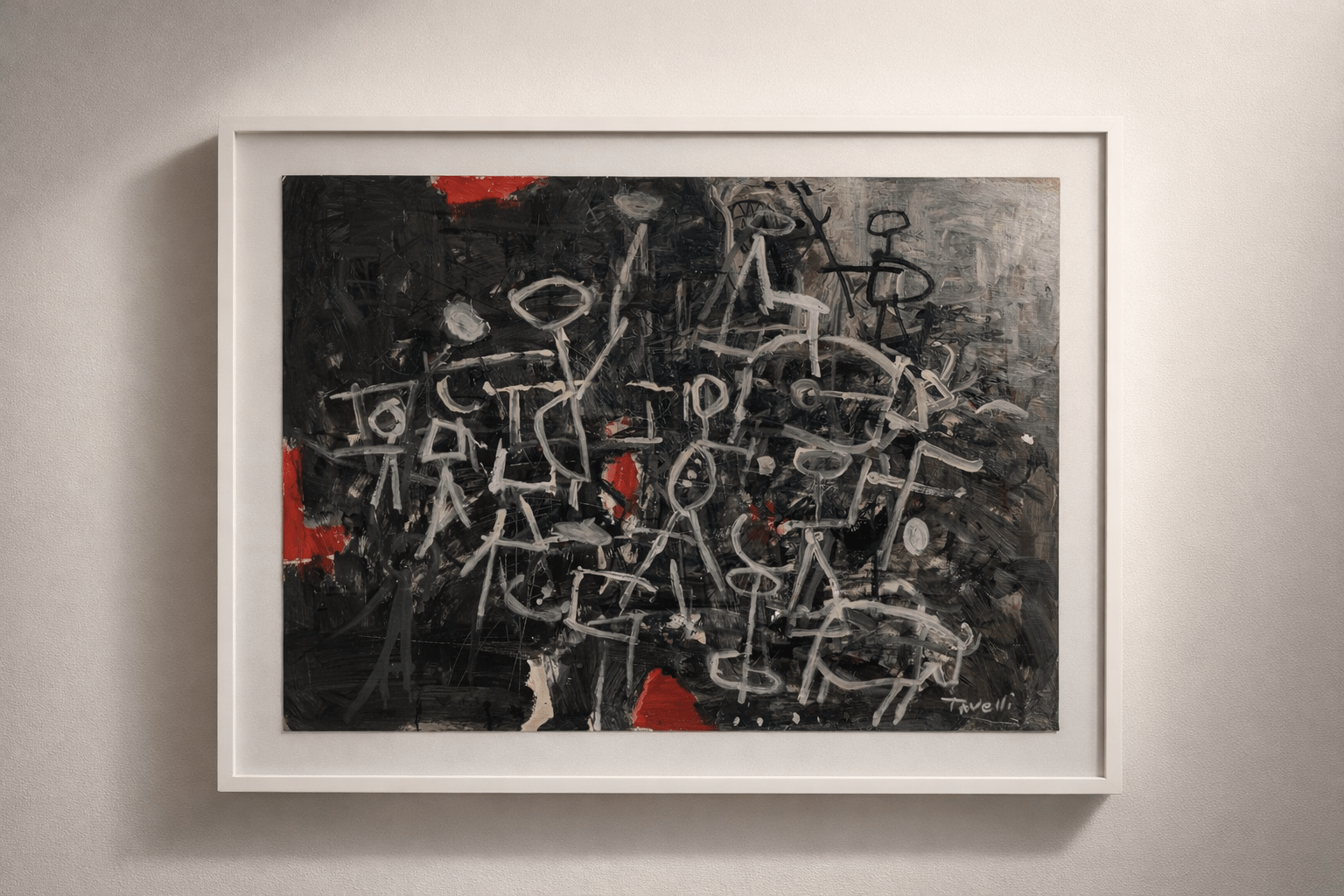 Original mixed media artwork on paper by Tavelli, professionally float mounted in a white frame. Measures 28 x 34 inches and ready to hang. - The Artful