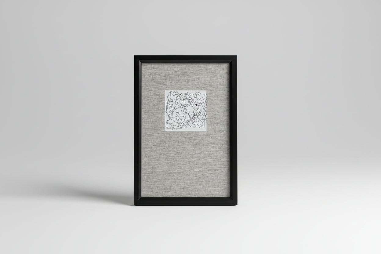 A framed artwork featuring a scribble face drawing, placed on a wooden surface with a plant in the background.