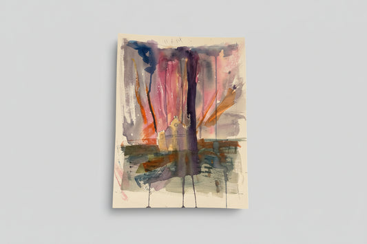 A abstract mixed media artwork on paper titled 'Church light' displayed on a wall, with a window behind it and plants beside it.