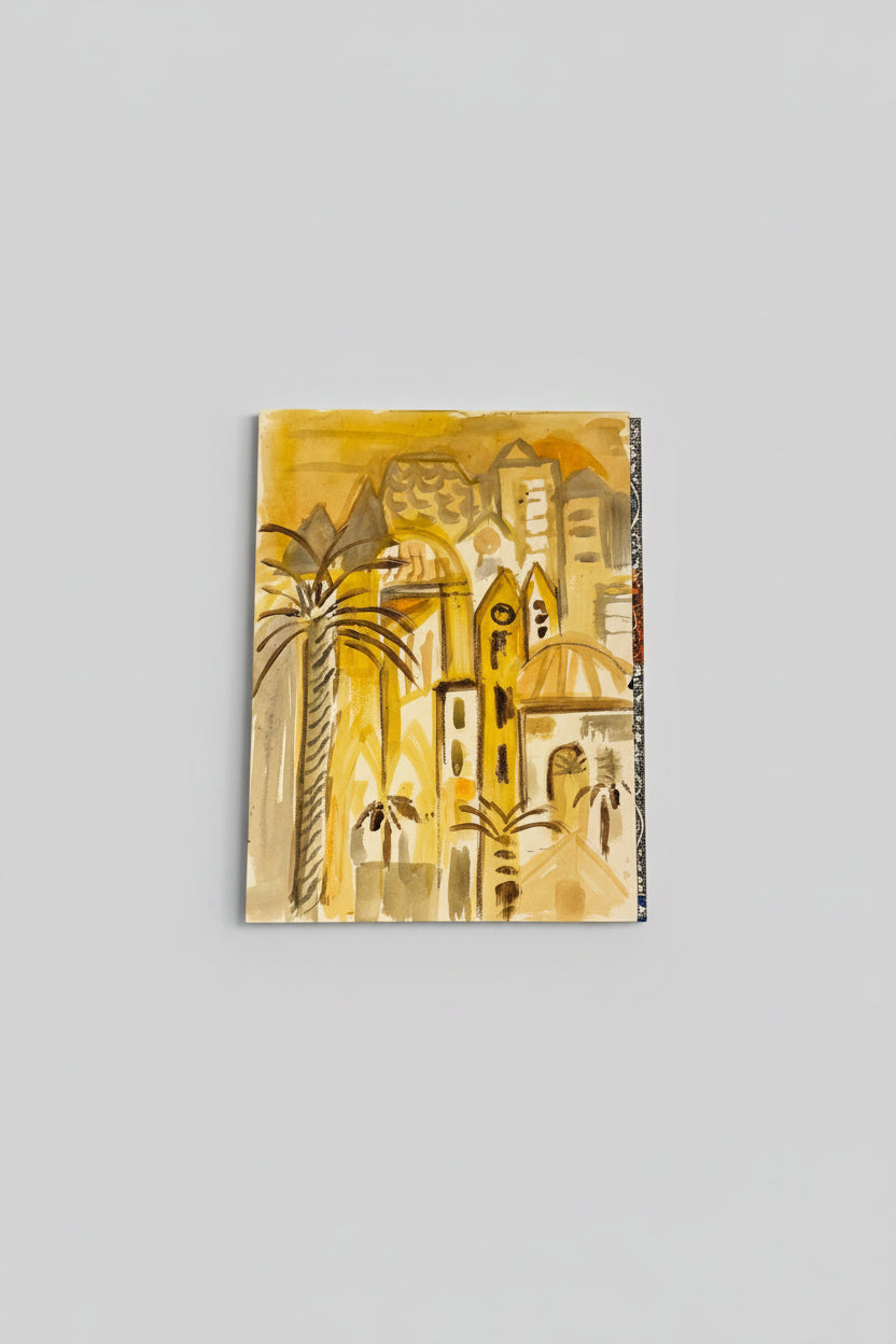 A framed mixed media artwork depicting a stylized cityscape with palm trees and architectural elements, displayed on a wall.