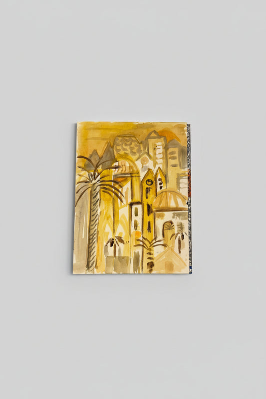 A framed mixed media artwork depicting a stylized cityscape with palm trees and architectural elements, displayed on a wall.
