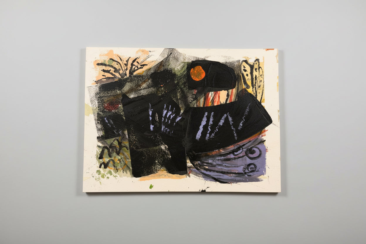 A mixed media artwork on paper titled 'Mecca 3' by artist Reed, displayed on a wall with a abstract and colorful design.