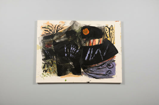A mixed media artwork on paper titled 'Mecca 3' by artist Reed, displayed on a wall with a abstract and colorful design.
