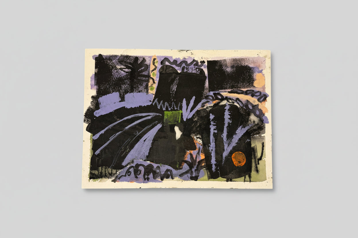A framed mixed media artwork on paper titled 'Mecca 2', displayed on a wall above a green plant, with a abstract geometric pattern composed of various colors including purple, black, green, and orange.
