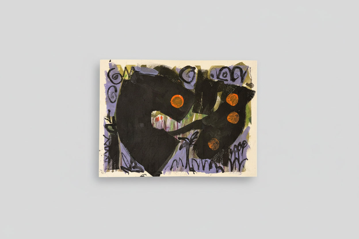 A mixed media artwork on paper titled 'Mecca 1' displayed on a wooden easel with a background of a white wall and a plant.