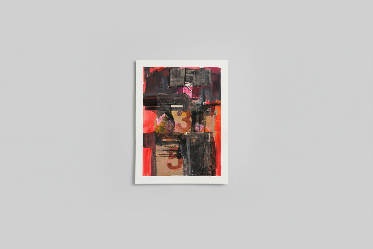 A mixed media collage artwork on paper mounted on a wall, with red, black, and white colors predominating.