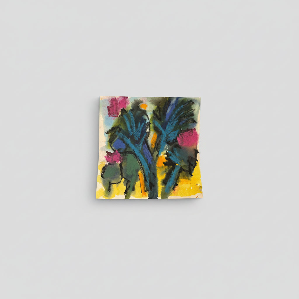 A framed mixed media artwork featuring realistic pink blooms on a paper, displayed on a wall above a plant.
