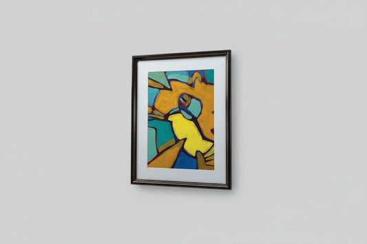 A vibrant mixed media artwork on paper displayed in a custom frame, with bold colors and abstract textures.