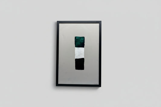 An abstract acrylic painting on canvas, displayed in a room with a reflective wall and green plant decor.