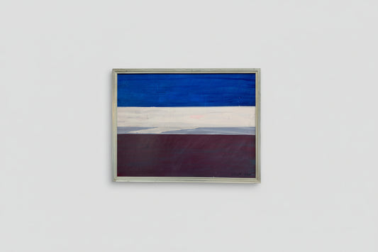 A framed painting with predominantly blue and red horizontal bands, hanging on a wall.