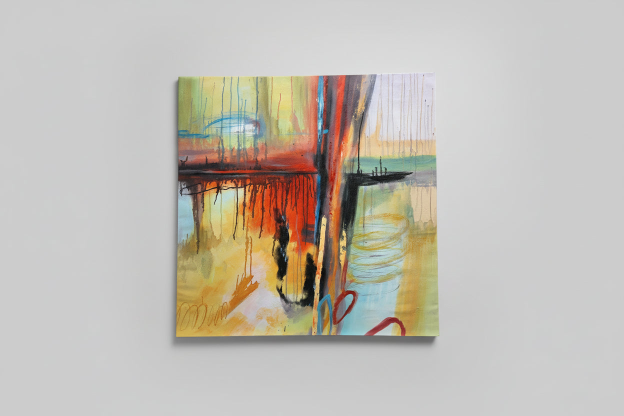 Abstract oil painting on canvas with a blend of warm colors, displayed on a wall.