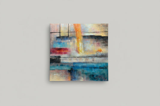 An abstract oil painting with vibrant colors displayed on a wall, presumably the artwork mentioned in the product description.