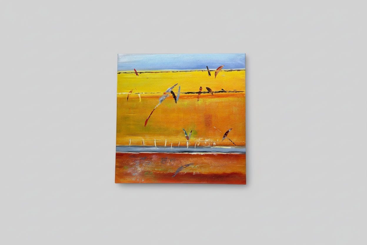 An abstract oil painting featuring birds on wire, displayed on a wall with a bright yellow-orange background and a body of water depicted at the bottom.