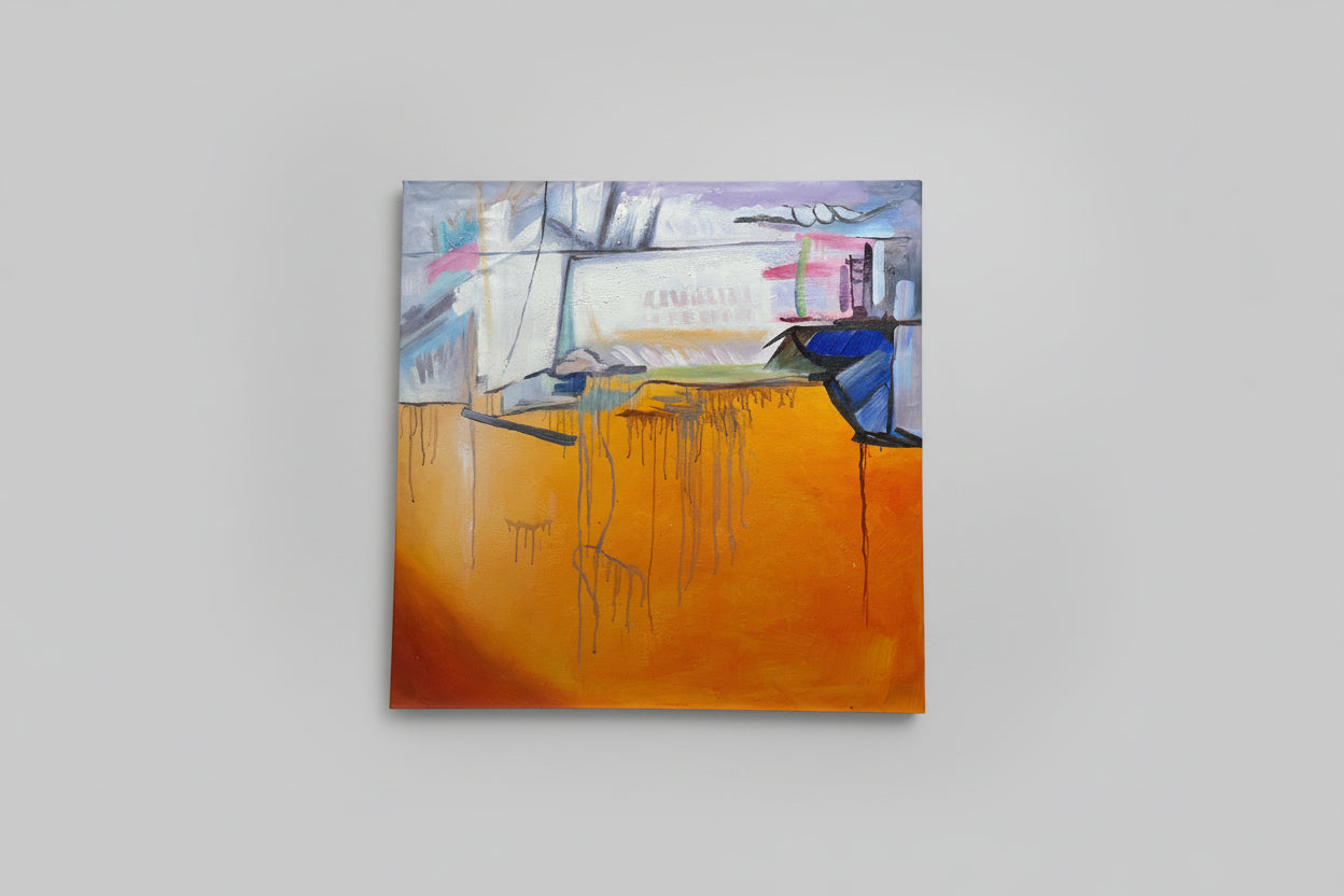 Abstract oil painting displayed on a wall, featuring vibrant colors and bold patterns.