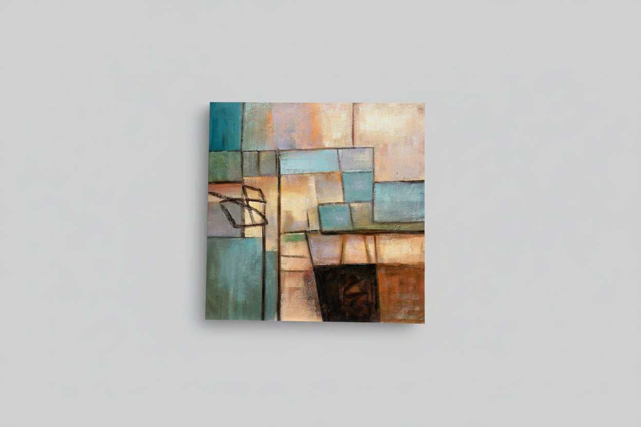 Abstract geometric oil painting displayed on a wall