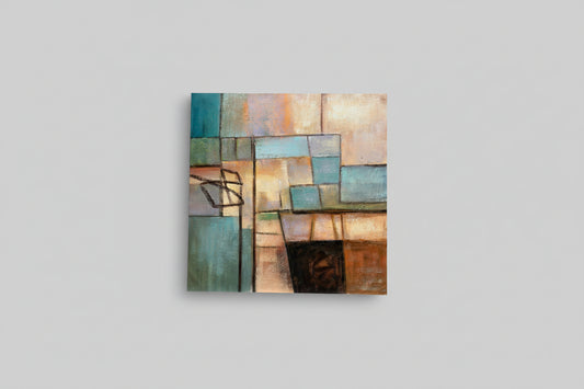 Abstract geometric oil painting displayed on a wall