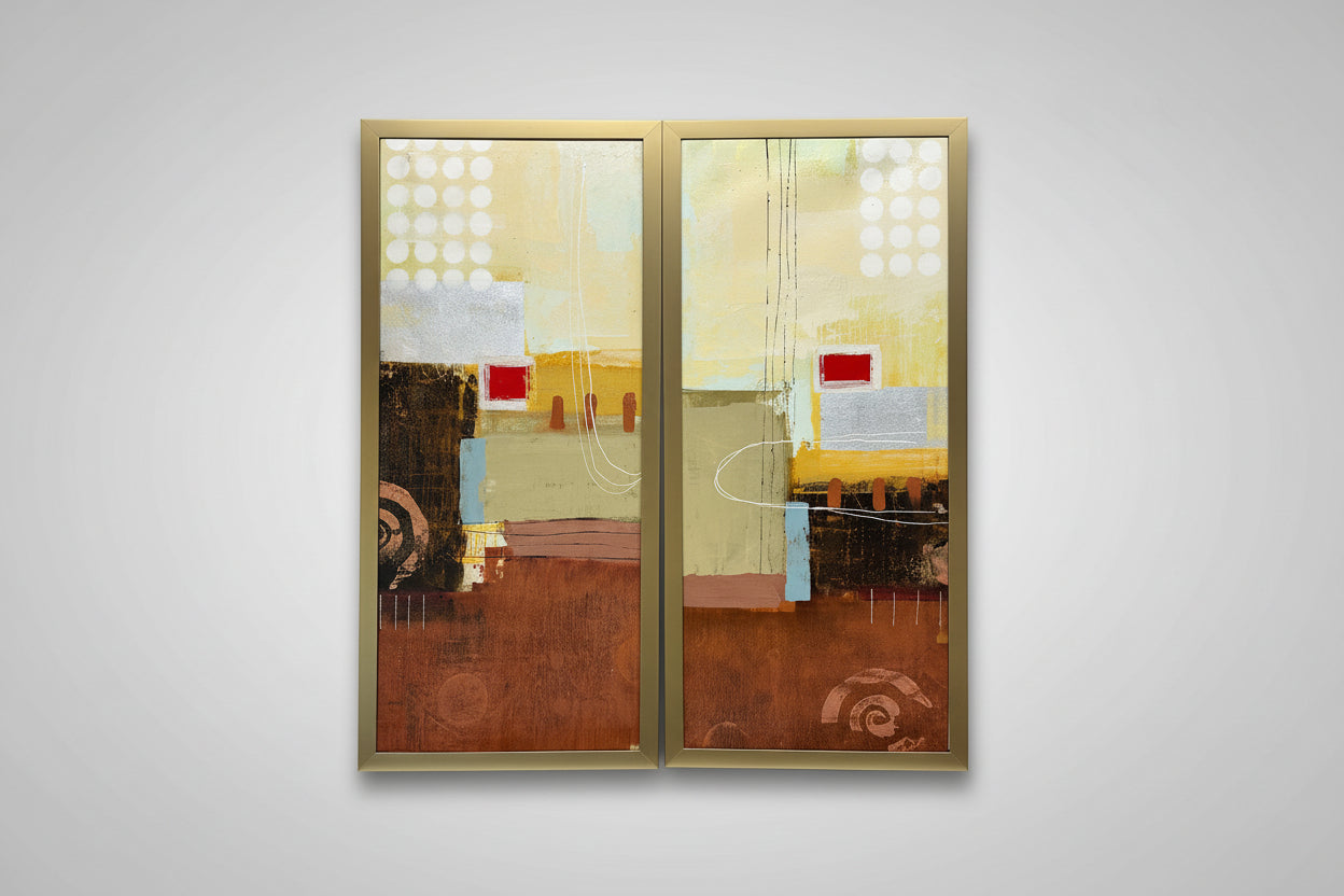 A mixed media artwork titled 'Electric Pulse 1 & 2' displayed on a wall, consisting of two framed panels with abstract and representational elements in beige, brown, and white tones.