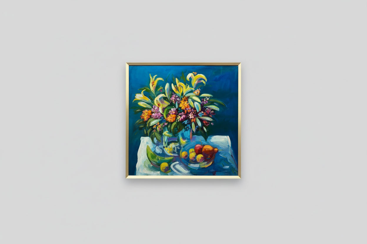 A framed artwork titled 'Flowers and Fruit' by Chris Zambone, depicting a vase of multicolored flowers and fruit on a table, displayed in a home setting with natural lighting.