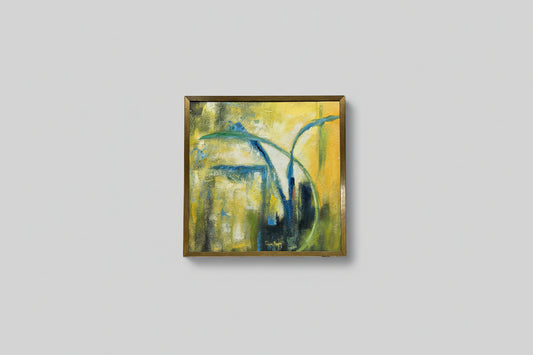 A painting titled 'Dancing Fountain' displayed on a wall, featuring abstract elements in yellow and blue, framed in gold.