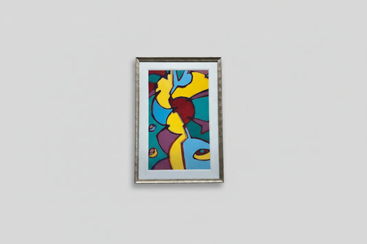 A vibrant mixed media artwork titled 'Chromatic Harmony' by Wayne Cunningham, displayed in a custom frame, with bold colors and abstract pattern.