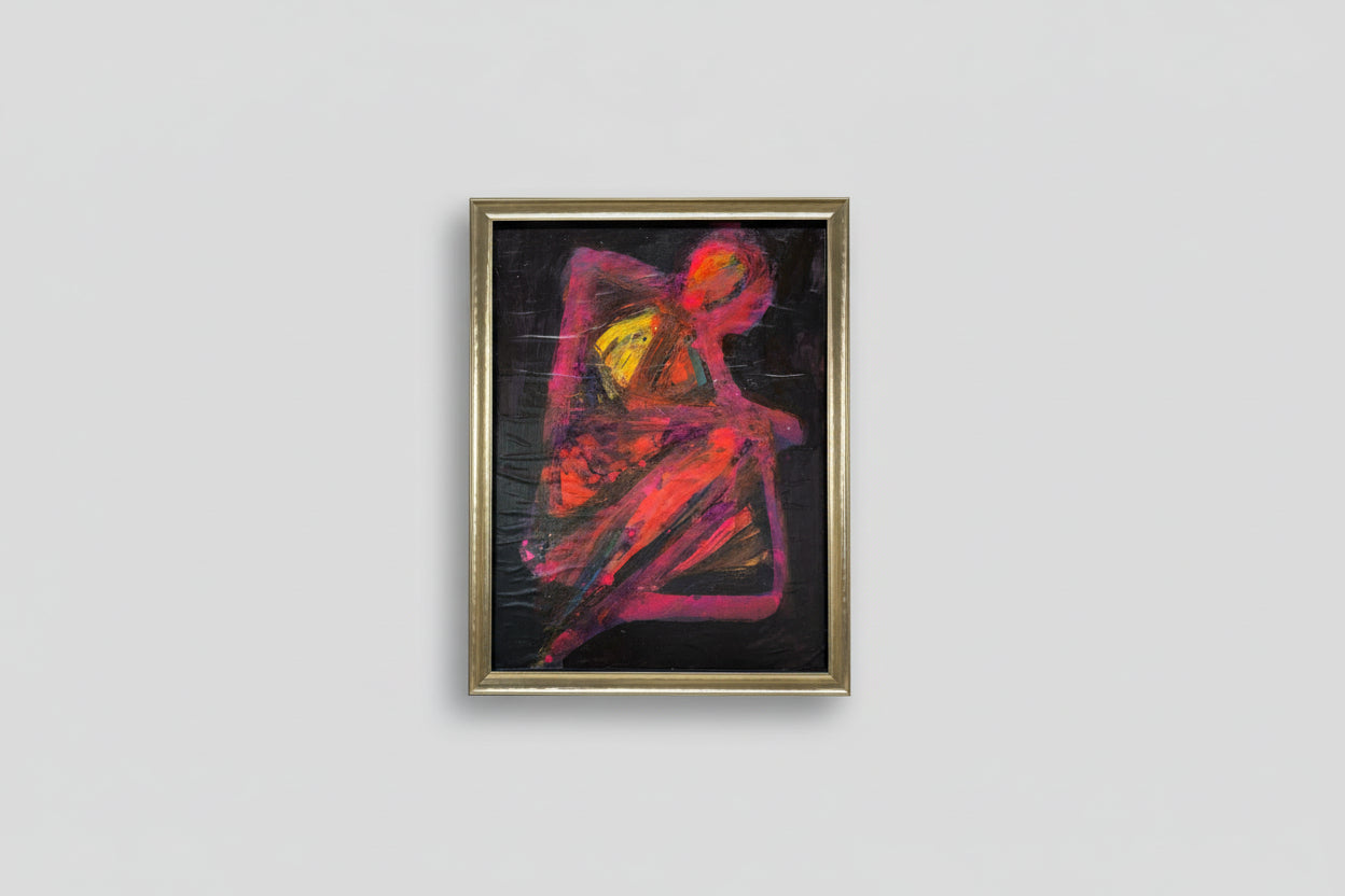 An oil on board painting depicting a kneeling figure, framed in a gold frame, displayed on a wall.