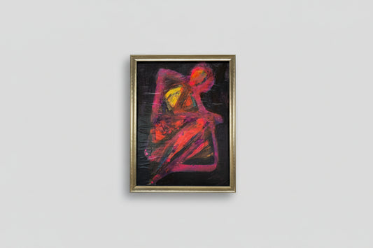 An oil on board painting depicting a kneeling figure, framed in a gold frame, displayed on a wall.