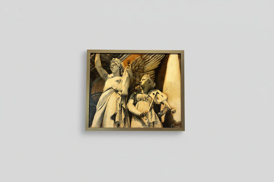 A framed artwork featuring a photo on a mixed media collage, depicting two individuals, displayed on a wall.