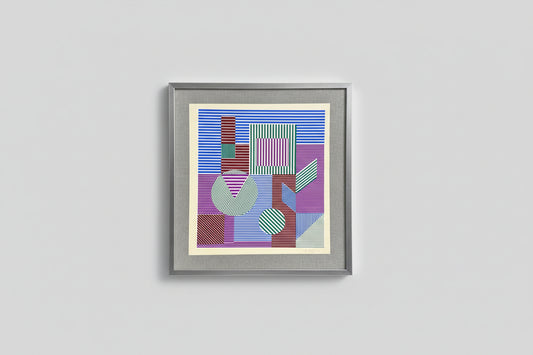 A limited edition screen print featuring geometric patterns in blue, purple, and red, framed in a gray wood frame, displayed on a wall.