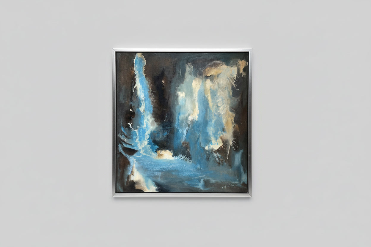 An oil on canvas painting with abstract blue and gray waves, framed in a distressed frame, displayed on a wall.