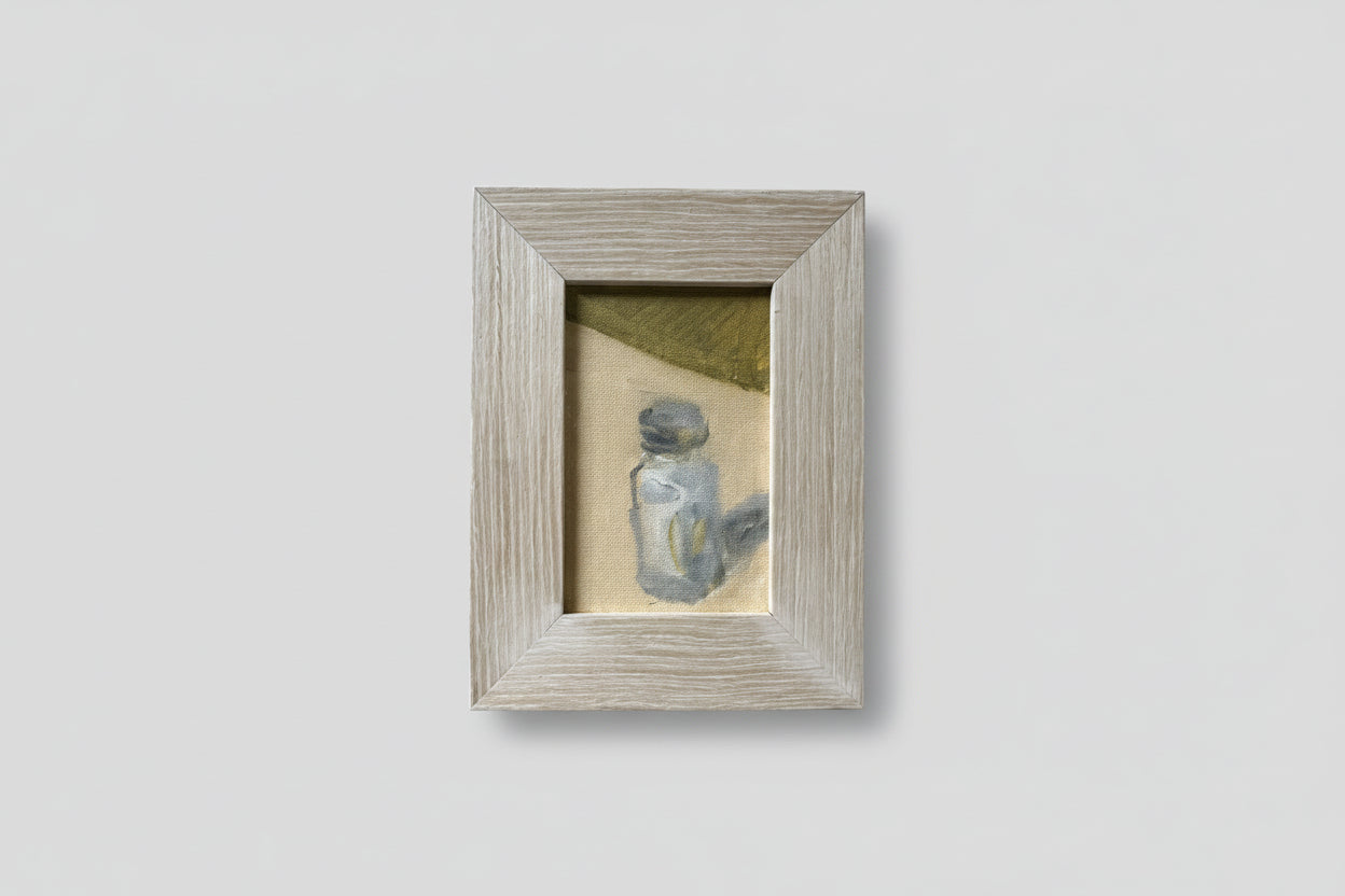 A painting titled 'Pass the Salt' displayed on a wall, featuring a salt shaker, framed in a simple grey frame.