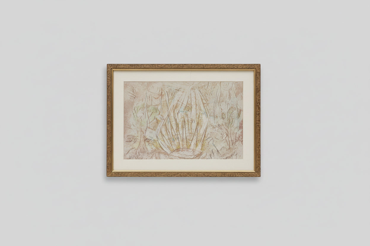 A framed mixed media artwork hanging on a wall, depicting abstract patterns in beige, brown, and white tones.