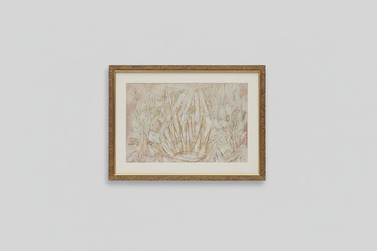 A framed mixed media artwork hanging on a wall, depicting abstract patterns in beige, brown, and white tones.