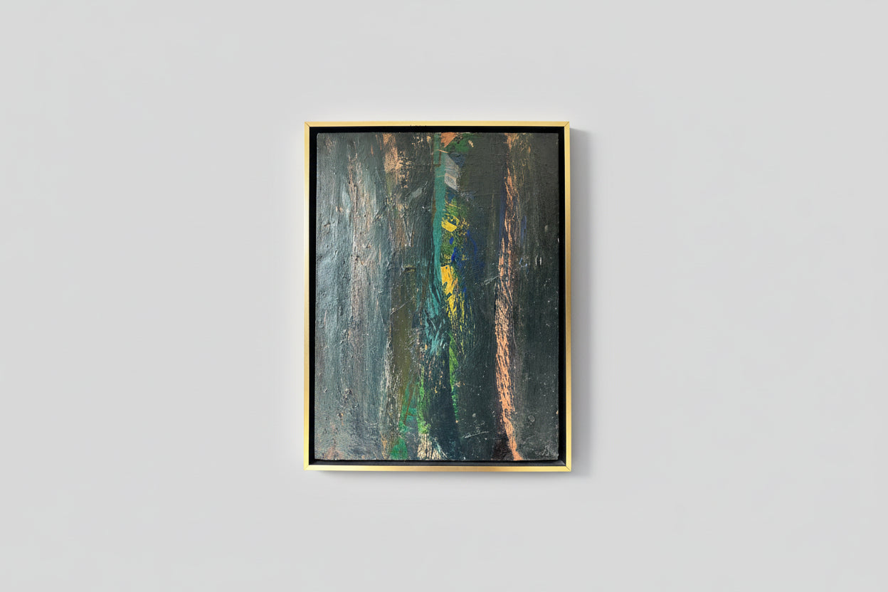 An oil and mixed media on canvas artwork titled 'Serene Echos' by Daniel Buckler, displayed in a custom floater frame, set against a backdrop of natural light.