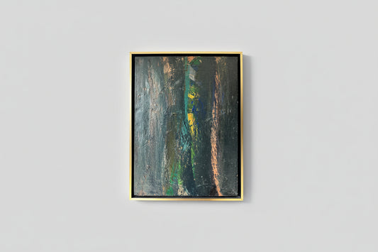 An oil and mixed media on canvas artwork titled 'Serene Echos' by Daniel Buckler, displayed in a custom floater frame, set against a backdrop of natural light.