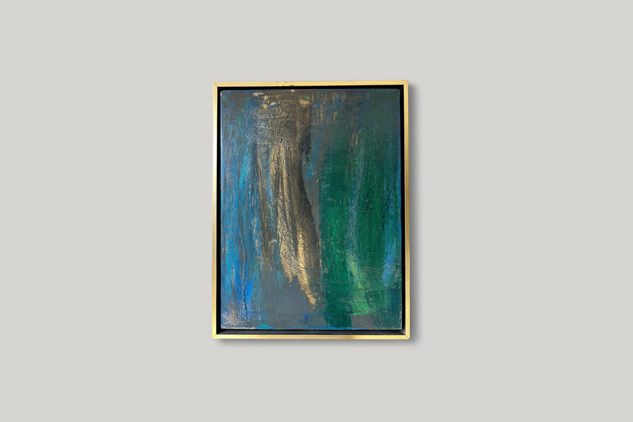 An abstract oil and mixed media artwork on canvas titled 'Serene Echos' by Daniel Buckler, displayed in a floater frame, set against a modern interior background.